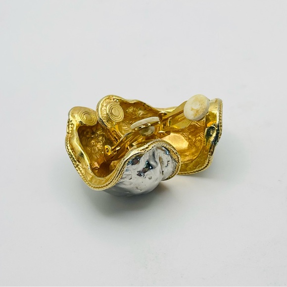 Bold Vintage Mixed Metal Molten Statement Clip Earrings Runway Avant Garde - Picture 13 of 16